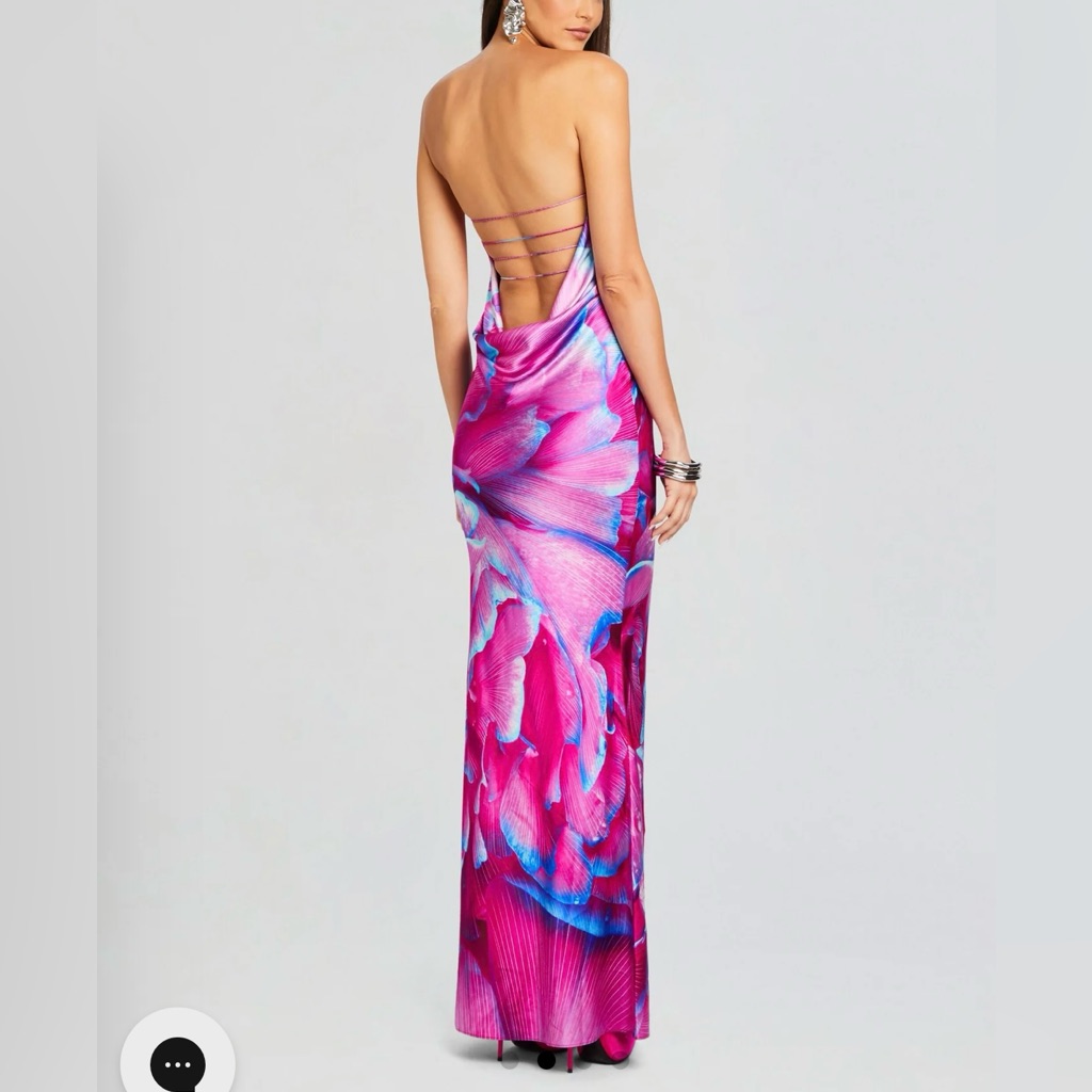 Retrofete Pink Purple Peony Silk Strapless Draped Open Back Maxi Dress